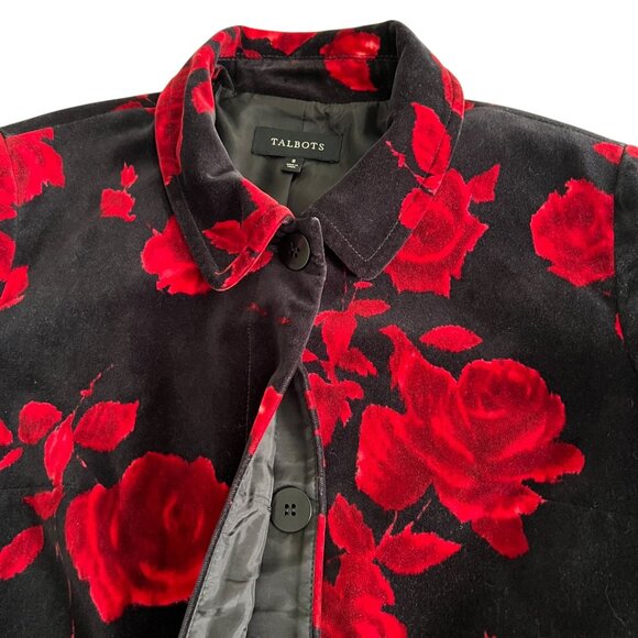 Talbots Black Red Floral Velvet Jacket Size 8 Roses Hidden Buttons Holid… - Picture 6 of 15
